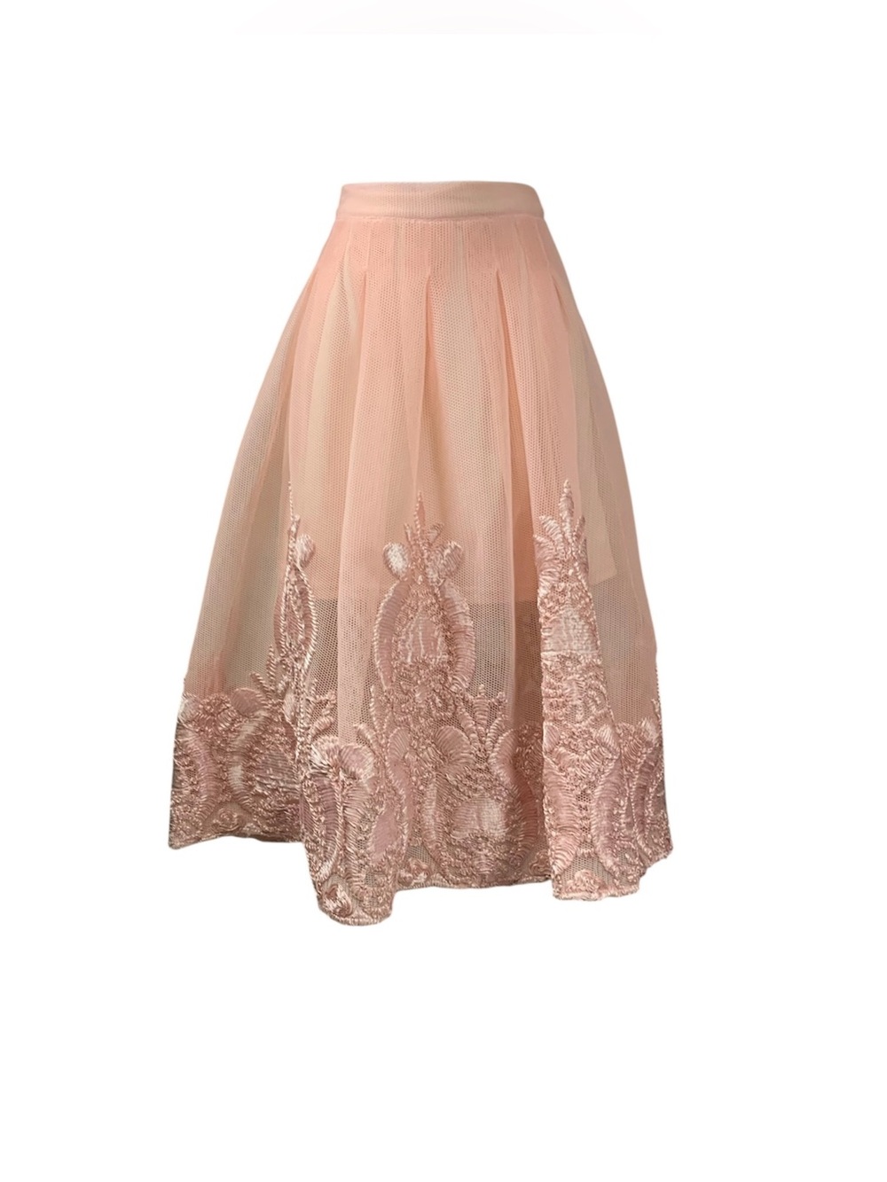 L’ATISTE Pink Sheer/Mesh Tulle Floral Midi Skirt